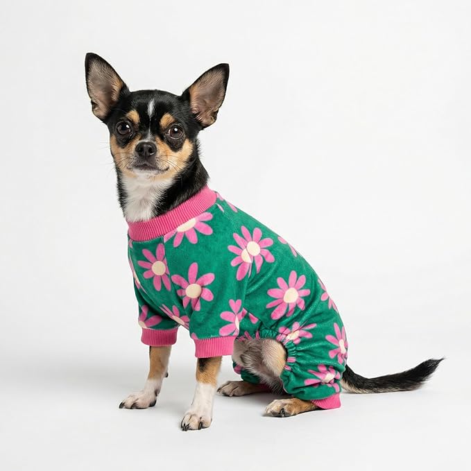 Fitwarm Flower Fleece Dog Pajamas, Warm Winter Dog Clothes for Small Dogs Girl, Cozy Pet Onesie with Feet, Dark Green, Small