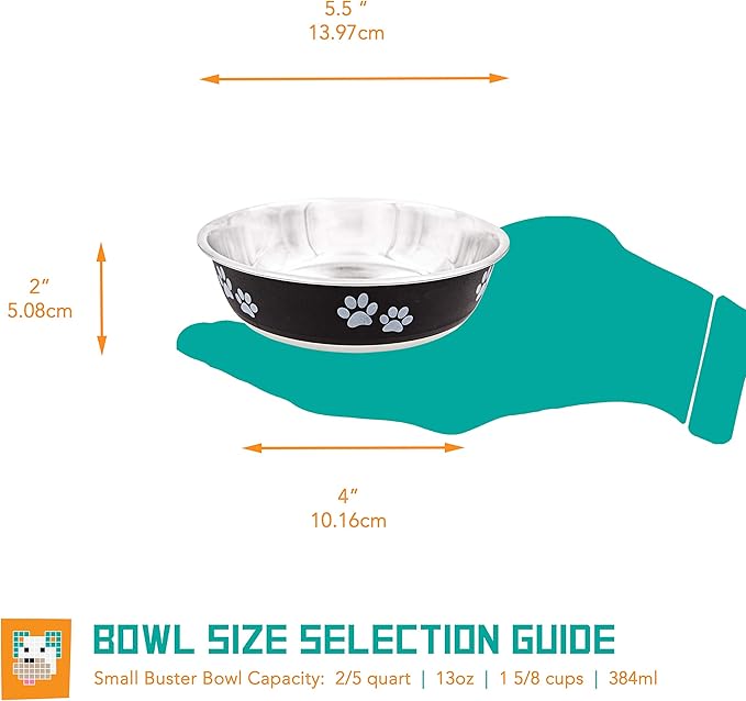 Food Bowl & Water Bowl for Dogs & Cats | Designer Series: Paw Print Detail, Stainless Steel & Black, 13 oz (FPP-Black S)