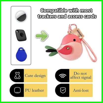 Leather Keychain Holder Case Compatible with AirTag,Cute Protective Cover with Keyring and Lanyard,Anti-Scratch Finder GPS Tracker Case for Wallet Keys,Bag,Pets,Backpack(Pink Bird)