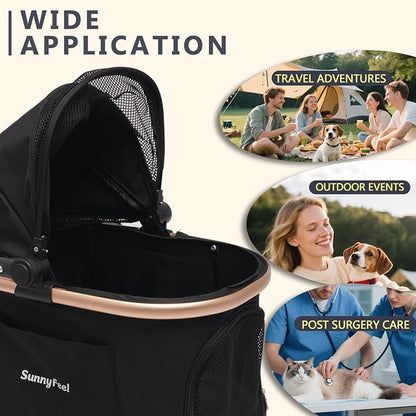 SUNNYFEEL Pet Stroller for Small Dogs and Cats, Aluminum Two-in-one Split, One-Click Foldable Dog Stroller, Holds up to 40 lbs, Storage Basket & Side Bag, Breathable Mesh, Black