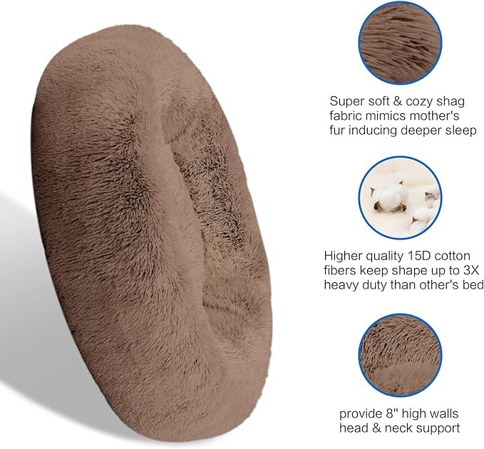 SAVFOX 23 inches Calming Donut Dog Bed - 3X Durable Plush Faux Fur, Machine Washable & Non-Slip, Fits up to 25 lbs, Brown