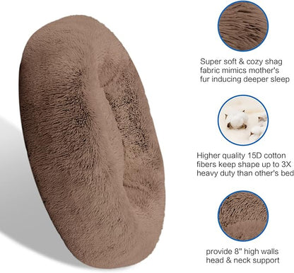SAVFOX 54 inches Calming Donut Dog Bed - 3X Durable Plush Faux Fur, Machine Washable & Non-Slip, Fits up to 210 lbs, Removable Cover, Brown