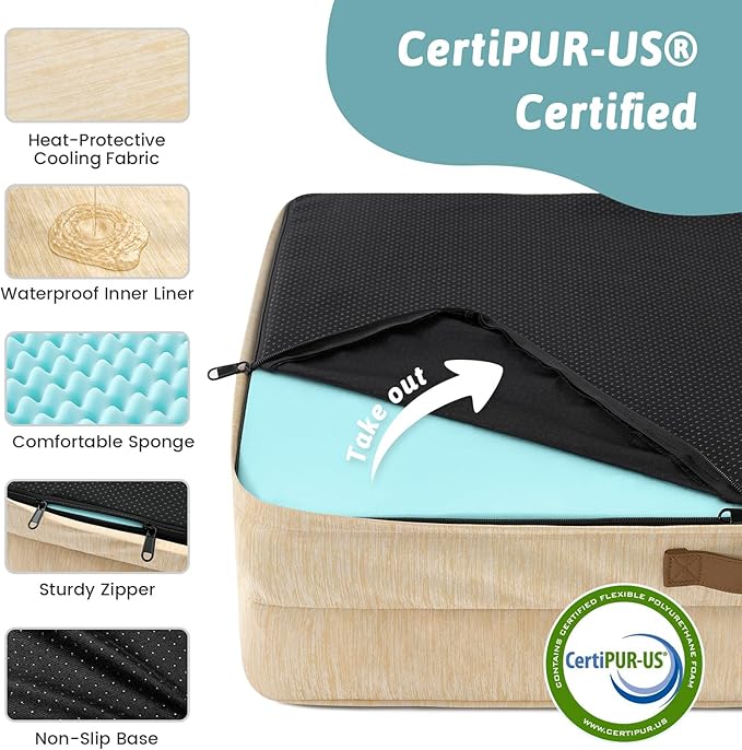 COZY KISS Cooling Dog Bed for Medium Small Size Dogs, Q-Max >0.4 Summer Cool Pet Bed, Orthopedic Foam Dog Sofa with Sides, Bolster Anti-Slip Couch with Washable Removable Cover, M 30x20x6 inch, Beige