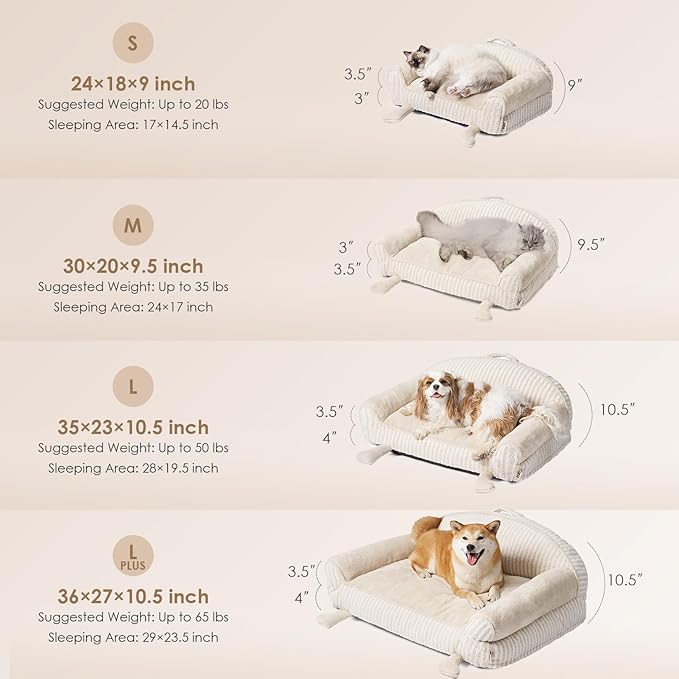 EHEYCIGA Washable Dog Beds for Large Dogs 36 Inch - Striped Cat Couch for Indoor Cats with Removable Cover, Shredded Memory Foam Waterproof Puppy Bed with Non - Slip Bottom, Cream