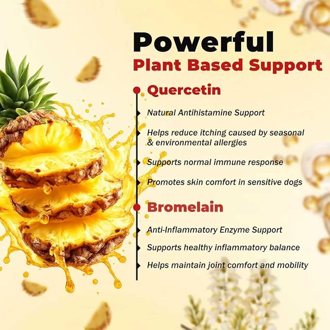 Quercetin for Dogs with Bromelain, Soothe Itchy Skin, Ear Infections, Seasonal Allergies, Immune Boost & Supports Healthy Digestion，Natural Formula – 120 Tablets