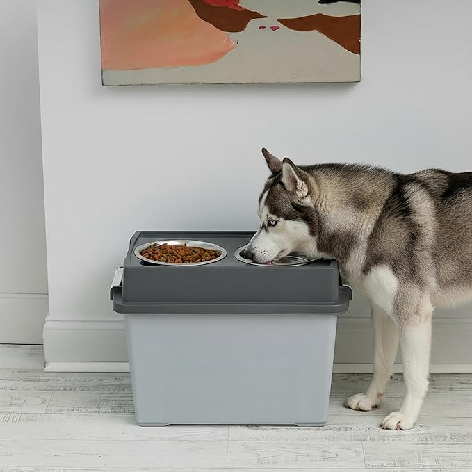 IRIS USA Dog Bowls Elevated with Storage, 15" H Raised Feeding Station, Dog Bowl Stand with Airtight Food Storage Holds 47 lbs, 2 Removable 64 oz Stainless Steel Bowls for Large Dogs, Smoke/Black