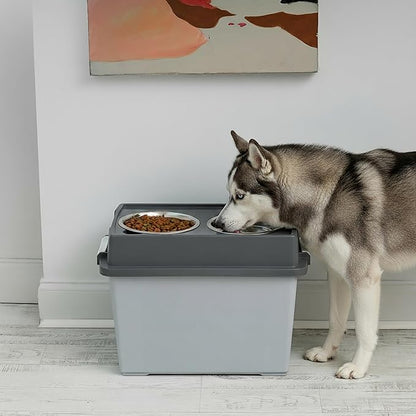 IRIS USA Dog Bowls Elevated with Storage, 15" H Raised Feeding Station, Dog Bowl Stand with Airtight Food Storage Holds 47 lbs, 2 Removable 64 oz Stainless Steel Bowls for Large Dogs, Smoke/Black