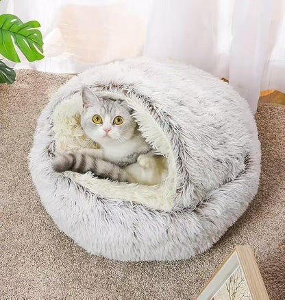 Cat Bed Round Fluffy Hooded Cat Bed Cave, Anti-Anxiety Cave Bed with Hooded Blanket, Cozy Cuddler Luxury Puppy Pet Bed, Anti-Slip Bottom and Machine Washable (Coffee, Medium)