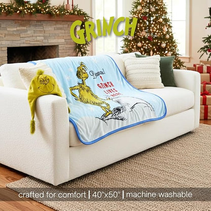 Dr. Seuss The Grinch Holiday Christmas Bedding Super Plush Cozy Throw, 40 in x 50 in, Bonus Grinch Hat Included (Officially Licensed Product) by Franco