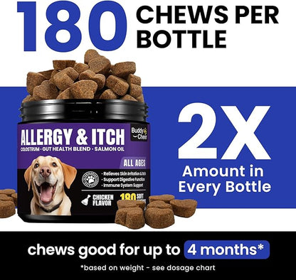 Dog Allergy Immune Chews – Itch Relief for Hot Spots, Dry Skin, Seasonal Allergies – with Fish Oil, Colostrum & Probiotic – 180ct Supplement