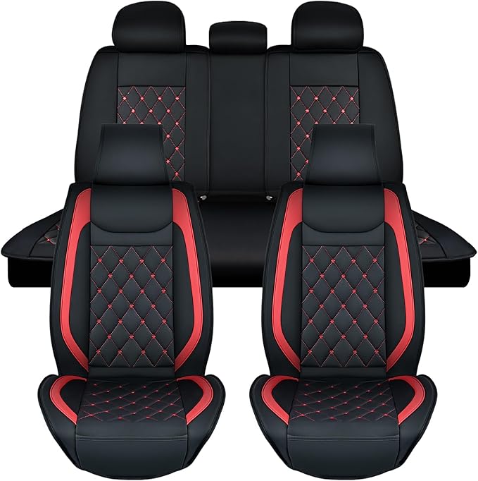 Nilight 5 Car Seat Covers Waterproof Faux Leather Cushions Anti-Slip Universal Fit for 5 Passenger Cars Hyundai Kia Civic Corolla Honda Accord Camry CR-V Fusion SUV Truck, Black+Red