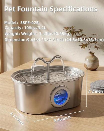 3.2L/108oz Stainless Steel Cat Water Fountain Pet Fountain | Automatic Pet Water Dispenser - Self-Designed Filtration System - Ultra-Quiet Pump - Easy Cleaning & Maintenance