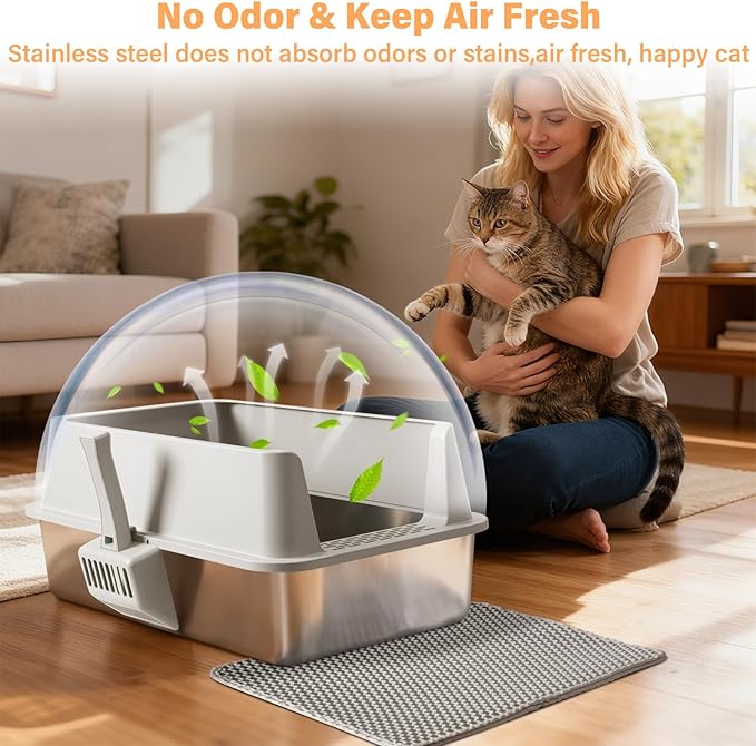 2PACK Stainless Steel Litter Box, XL Cat Litter Box with Lid for Big Cat, Extra Large Metal Litter Boxes with High Side, Non-Stick, Odor-Resistant, Anti-Urine Leakage, Includes Mat & Scoop
