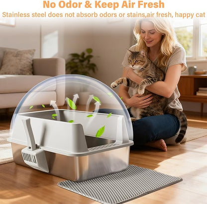 2PACK Stainless Steel Litter Box, XL Cat Litter Box with Lid for Big Cat, Extra Large Metal Litter Boxes with High Side, Non-Stick, Odor-Resistant, Anti-Urine Leakage, Includes Mat & Scoop