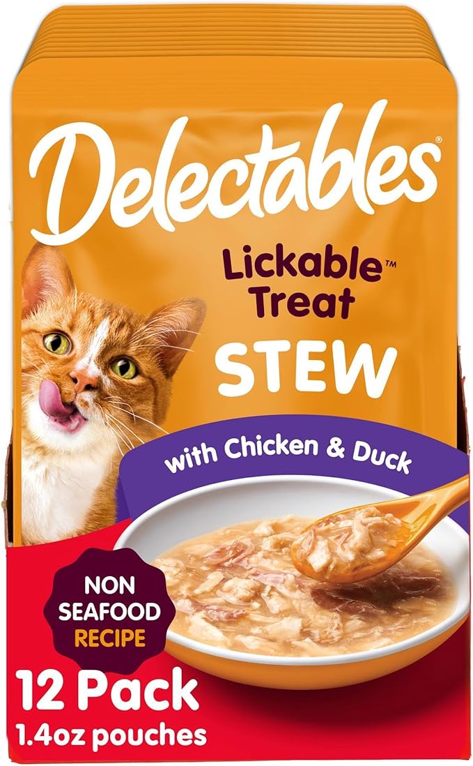 Delectables Lickable Treat Stew Non-Seafood Wet Cat Treat with Real Chicken & Duck, Food Topper, Hydrating, Grain-Free, No Fillers, No By-Products, No Added Preservatives, 1.4oz Pouch, 12ct