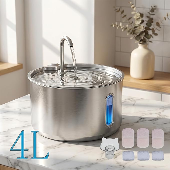 Stainless Steel Cat Water Fountain, 135oz/4L Automatic Pet Water Dispenser with 3 Replacement Filters & 2 Replacement Water Outlets, Quiet Indoor Drinking Fountain for Cats Dogs, Water Level Window