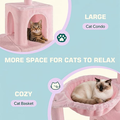 Allewie 29.5in Indoor Cat Tree, Multi-Level Cat Tower with Sisal Scratching Posts, Padded Perch, Basket, Condo, and Hanging Ball, Suitable for Kittens and Adult Felines, Pink
