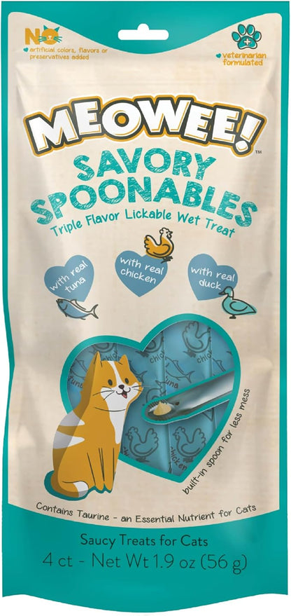 MEOWEE! Savory Spoonables with Real Tuna, Chicken & Duck, 4 Count Tube, Triple Flavor Squeezable Lickable Wet Treats for Cats with Built-in Spoon for Less Mess (Pack of 2)