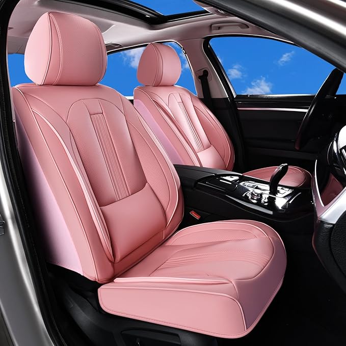 Huidasource Pink Front Seat Covers, Nappa Leather Front Car Seat Covers with Lumbar Support, Ventilation Holes, Elastic Fabric, Airbag, Full-Coverage Seat Covers, Fit for Most Cars SUV Trucks, Pink