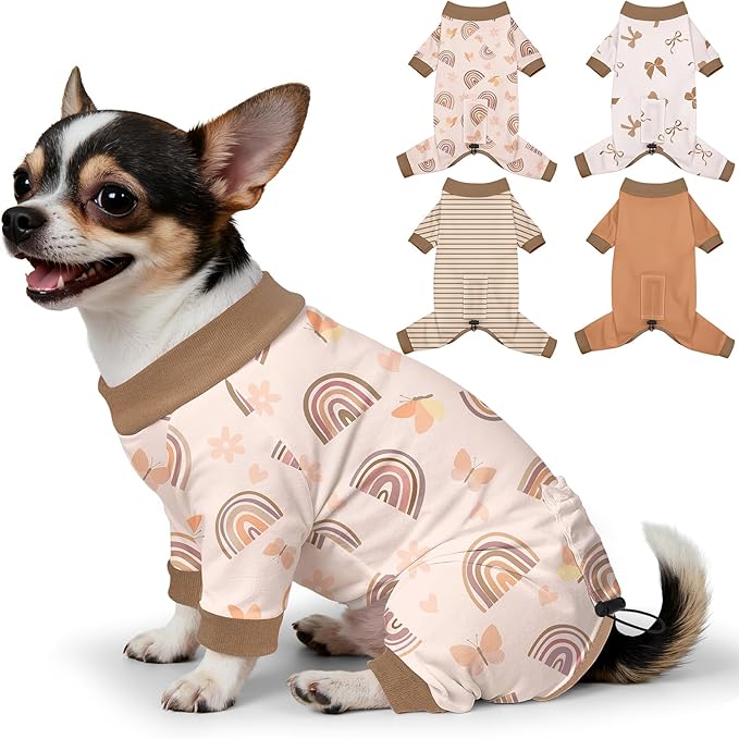 Bienbee Dog Pajamas, 4 Pack Dog Recovery Suit Shedding Suit Cute Soft Puppy Clothes Dogs Pjs Onesies Jammies Adjustable Breathable & Stretchy Clothes for Small Medium Large Dogs Girl Boy Puppy-XS