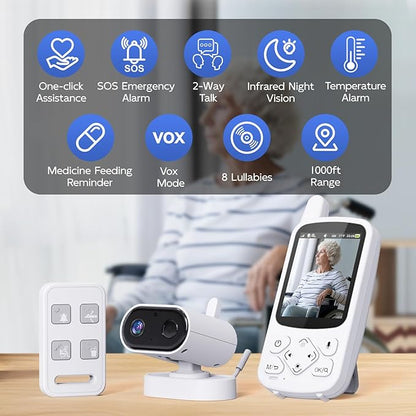 Room Monitors for Elderly Monitor with Camera And Audio, 2-Way Talk Baby Monitors for Elderly, Med Reminder and Temp Sensor Senior Monitor for Adult, No Wifi/App Caregivers Cameras for Senior