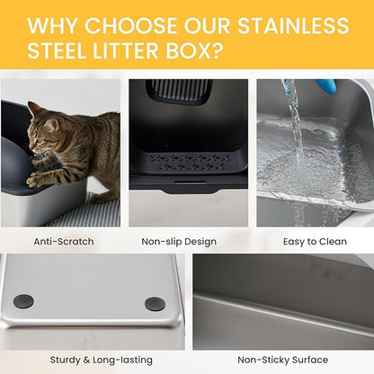 Simple Deluxe XL Stainless Steel Cat Litter Box with Lid, High Sided Metal Litter Pan for Large Cats, Urine-Proof Non-Stick & Easy to Clean, Black