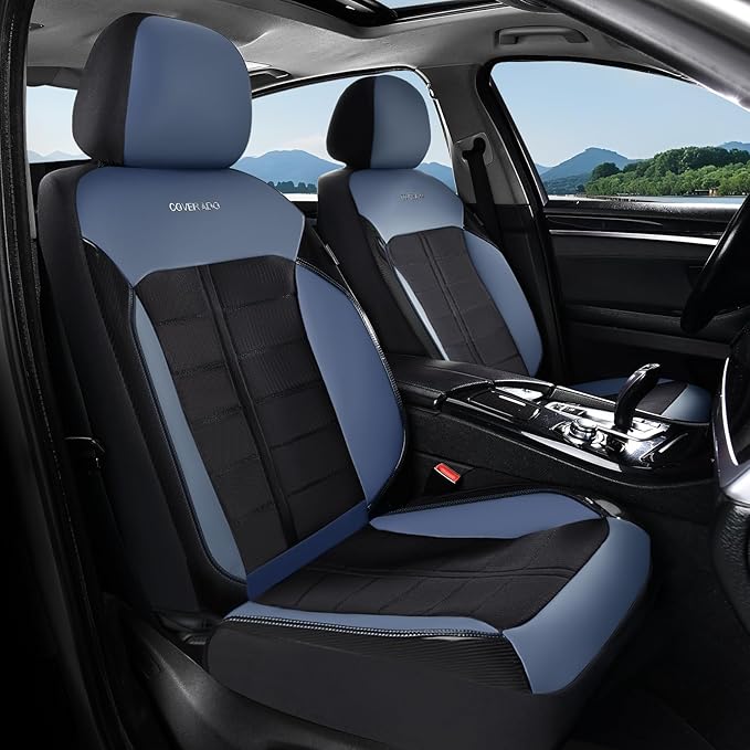 Coverado 3D Air Mesh Front Car Seat Cover, Sports Carbon Fiber Design, Breathable Seat Protectors Airbag Compatible Comfort Universal for Most Cars, Van,Trucks, SUV, Black&Blue