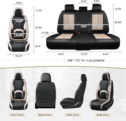 Coverado Car Seat Covers, Leather Seat Covers Full Set, Waterproof Car Seat Protector with Lumbar Support, Automotive Seat Covers Seat Cushions Universal Fit for Most Cars SUV Trucks, (Black&Beige)