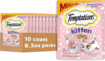 Temptations Kitten Treats Classic Crunchy and Soft Cat Treats, Dairy Flavor, 6.3 oz. Pouch (Pack of 10)