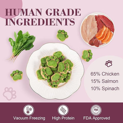 Dylan's cabin Freeze Dried Chicken Cat & Dog Treats - High Protein Spinach Paw with Slamon Training Kitten Snack or Puppy Treats for Coat Gut Healthy, 14pcs