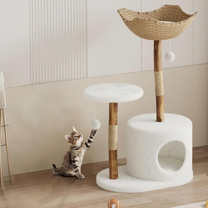 Real Wood Modern Cat Tree Tower, Cat Scratching Post with Bed for Indoor Cats with Natural Wicker Condo, Aesthetic Tree Stand, Boho Luxury Pet Furniture one Platform