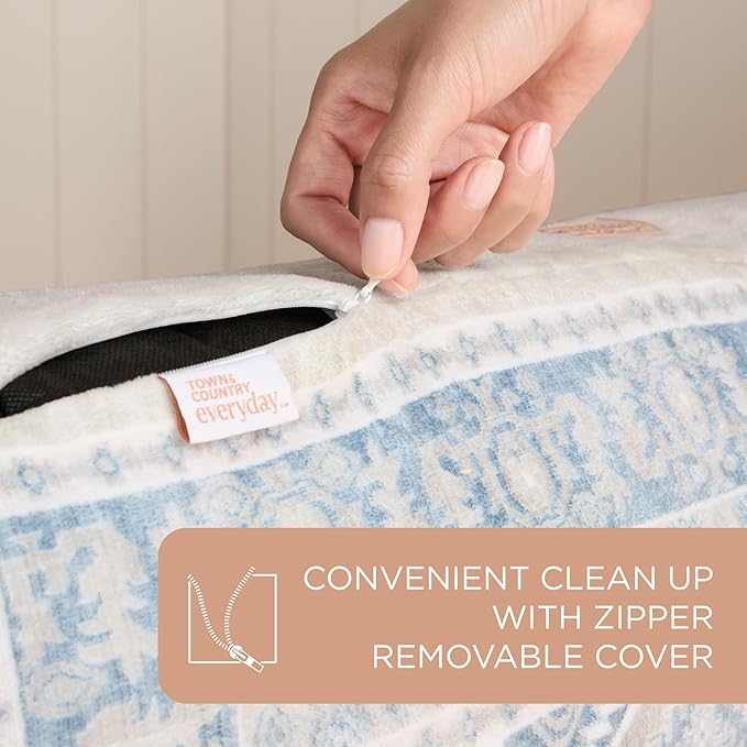 Town & Country Everyday CuddleTown Medallion Everwash® Pillow Pet Bed, Water Repellent Floor Pillow, Machine Washable Cover, Soft & Calming, Blue/Greige, Medium 36"x28"x4"