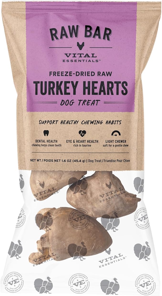 Vital Essentials RAW BAR Freeze-Dried Raw Turkey Hearts Dog Treats | Single Ingredient | Premium Quality | Grain Free Training Treats for Dogs, 1.6 oz Bag