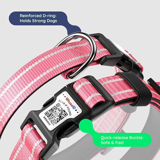 Airtag Dog Collar, Reflective Ultra-Durable Nylon Padded with QR Code Buckle & IP68 Waterproof Air Tag Holder Compatible for Apple AirTag, Comfortable for Small Medium Large Dogs(Hot Pink,S)