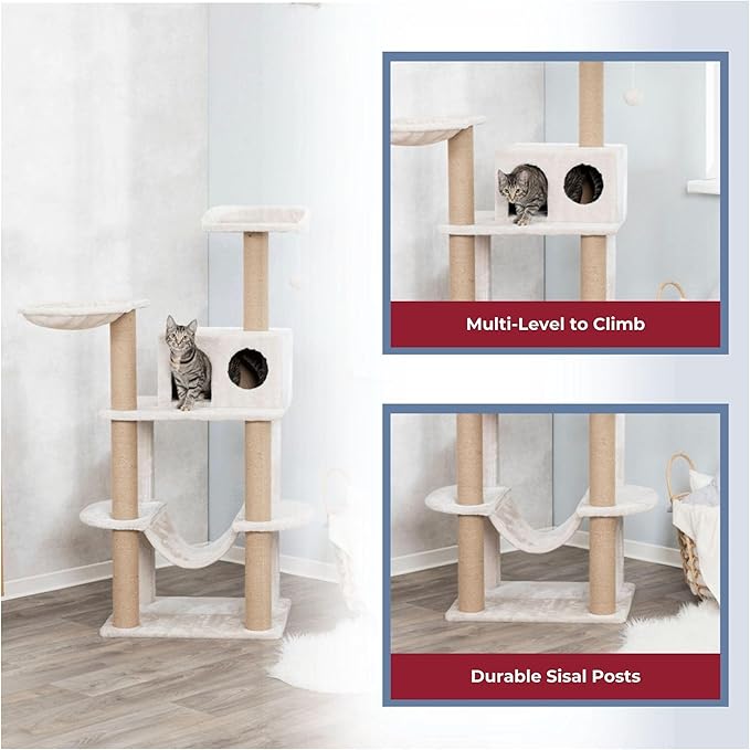 TRIXIE 56" Federico Cat Tower - Indoor Cat Furniture with Jute Scratching Posts - Tree with Condo, Platforms, Hammock, Dangling Toy - Greige