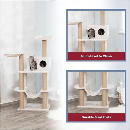 TRIXIE 56" Federico Cat Tower - Indoor Cat Furniture with Jute Scratching Posts - Tree with Condo, Platforms, Hammock, Dangling Toy - Greige