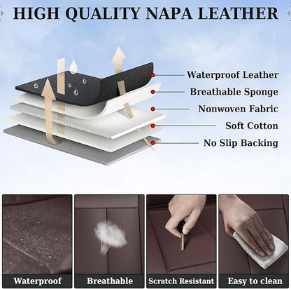 Coverado Rear Seat Covers for Cars, Brown Back Seat Protector, Back Seat Cover for Kids, 3-Pieces Waterproof Car Seat Cushion Nappa Leather Seat Cover for Back Seat Universal Fit for Most Cars