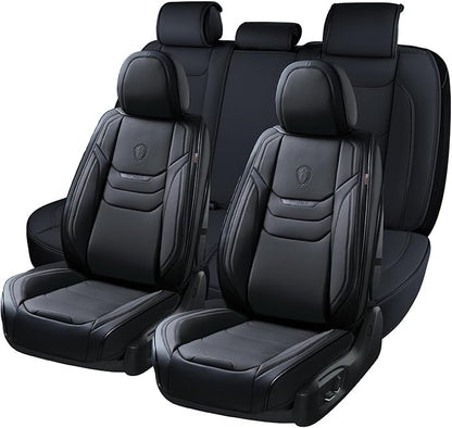 Coverado Leather Seat Covers for Cars, Car Seat Covers Full Set, Breathable Car Seat Protector with Lumbar Support, Black Seat Covers, Front and Back Waterproof Seat Cover Universal Fit for Most Cars