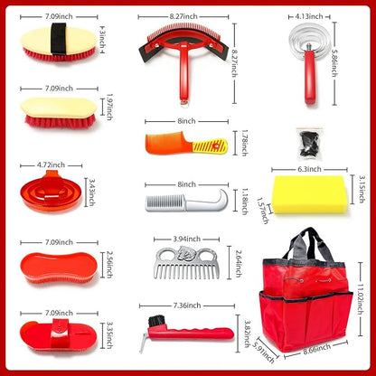14PCS Horse Grooming Kit, Professional Brush Supplies Set for Bathing & Care, Mane Tail Curry Comb, Sweat Scraper Hoof Pick, Waterproof Storage Tote Bag for Shining, Detangling, Gifts for Riding Lover