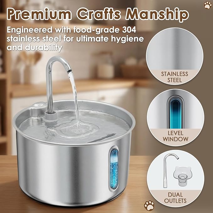 Stainless Steel Cat Water Fountain, 135oz/4L Automatic Pet Water Dispenser with 3 Replacement Filters & 2 Replacement Water Outlets, Quiet Indoor Drinking Fountain for Cats Dogs, Water Level Window
