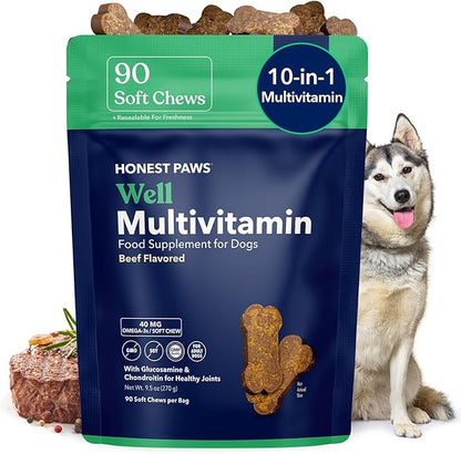 Honest Paws (90 Count) Dog Multivitamin Soft Chews with 10 Essential Vitamins - Joint, Coat, Immune, Eye & Heart Support - with Glucosamine, Chondroitin & Omega-3 - Beef Flavor