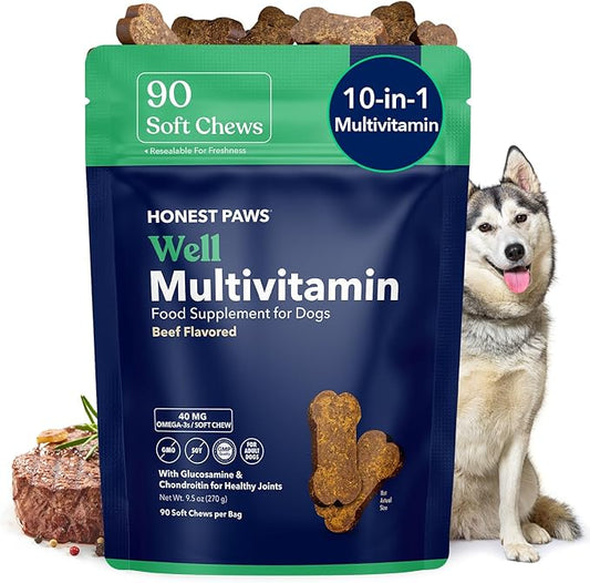 Honest Paws (90 Count) Dog Multivitamin Soft Chews with 10 Essential Vitamins - Joint, Coat, Immune, Eye & Heart Support - with Glucosamine, Chondroitin & Omega-3 - Beef Flavor