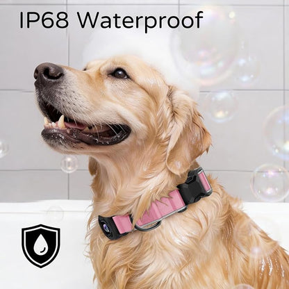 Airtag Dog Collar, Dog Collar with airtag Holder, IP68 Waterproof Leather Dog Collar with Metal Buckle & Lockable Airtag Holder, Heavy Duty Adjustable for Small Medium Large Dogs (Pink L)