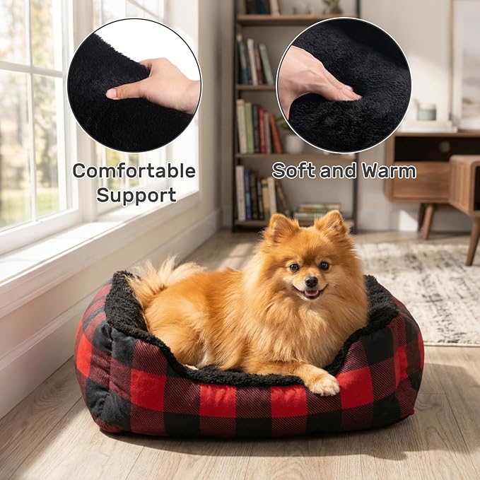 Hollypet Printed Flannel Rectangle Plush Dog Cat Bed Self-Warming Pet Bed, Red Checked
