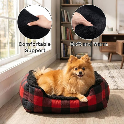 Hollypet Printed Flannel Rectangle Plush Dog Cat Bed Self-Warming Pet Bed, Red Checked