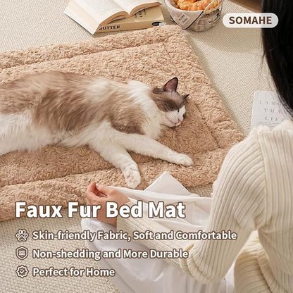 Self Warming Cat Bed Mat, Washable Self Heating Cat Mat, Extra Warm Thermal Pet Pad with Non-Slip Bottom, Soft Plush Faux Fur for Indoor Pet Sleep Cushion, 23x15 Inch Latte