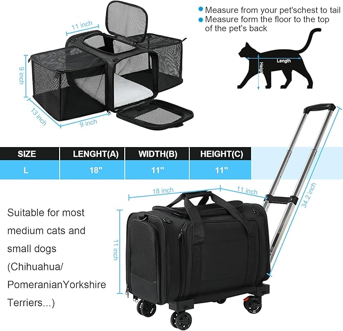 Pet Carrier Airline Approved, Expandable Pet Cat Carriers with Wheels for Dogs, Airline Approved Cat Dog Carrier, TSA Approved Pet Carrier In Cabin, Pet Dog Cat Carrier Soft, Cat Travel Carrier(Black)
