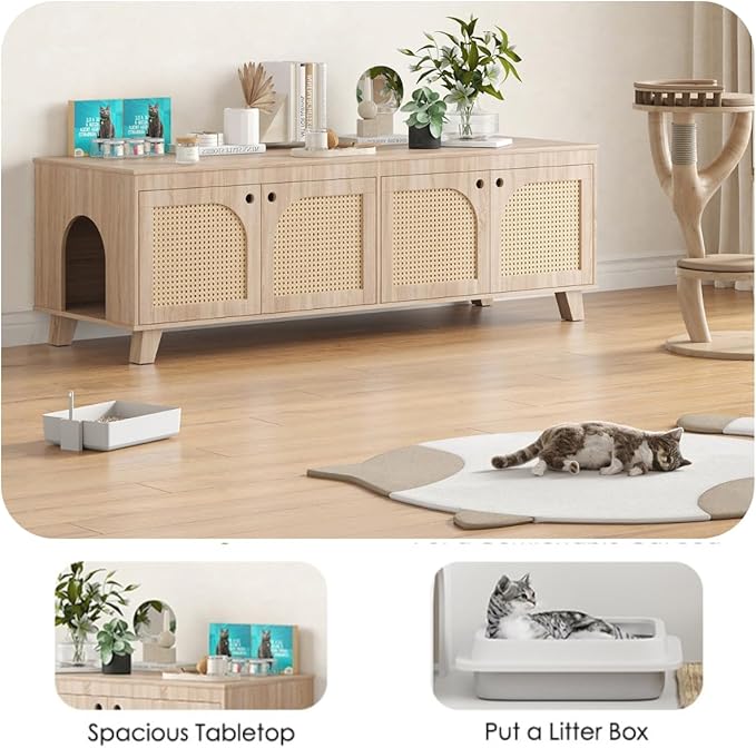 FONTOI Rattan Cat Litter Box Enclosure with Decorated Doors, Wooden Pet Washroom with Two Entrances, Double Hidden Litter House with Non-Slip Feet, Enclosure Furniture Cabinet for Two Cats