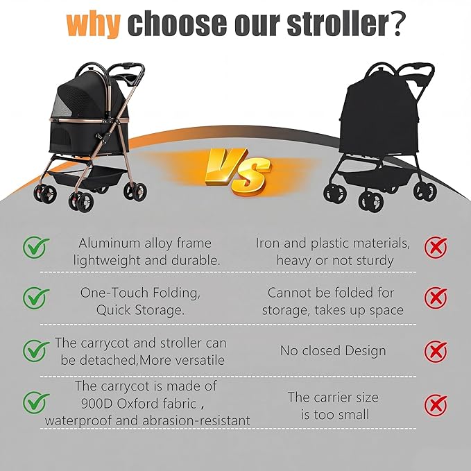 pet Stroller with Removable Carrier cat Dog Stroller with Aluminum Alloy Frame and 900D Oxford Fabric, Featuring one-Touch Folding,Includes rain Cover,for Travel, Walking,Shopping (Black)