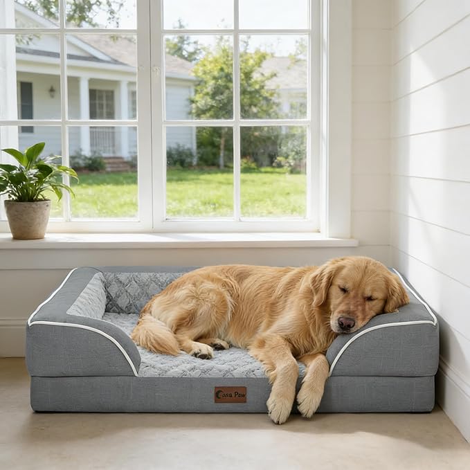 Orthopedic Dog Beds for Extra Large Sized Dogs, Waterproof Memory Foam XL Pet Bed with Sides 42x30Inch, Non-Slip and Egg-Crate Foam Big Dog Couch Bed with Removable Washable Cover, Grey
